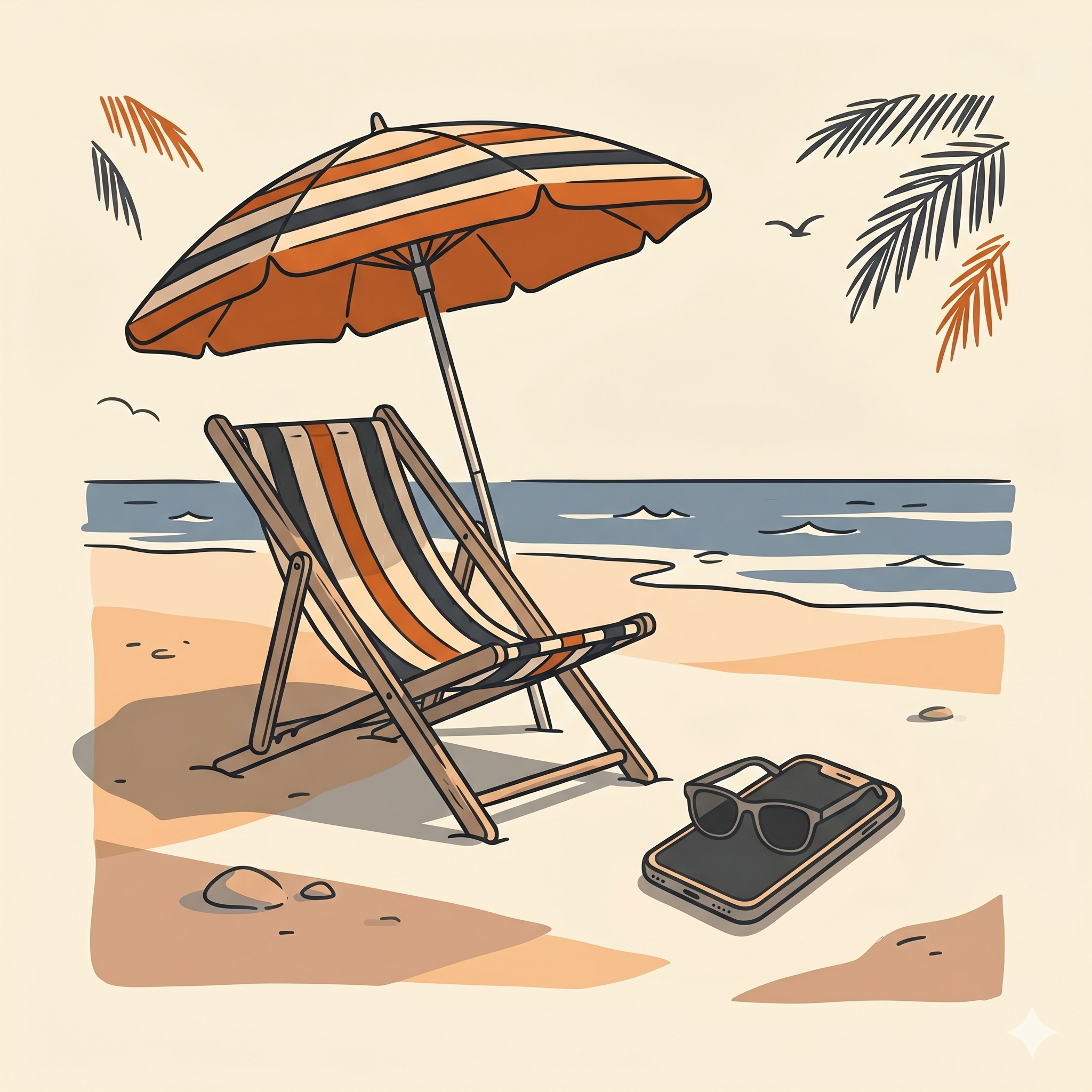 A beach chair with a phone face-down — a real vacation