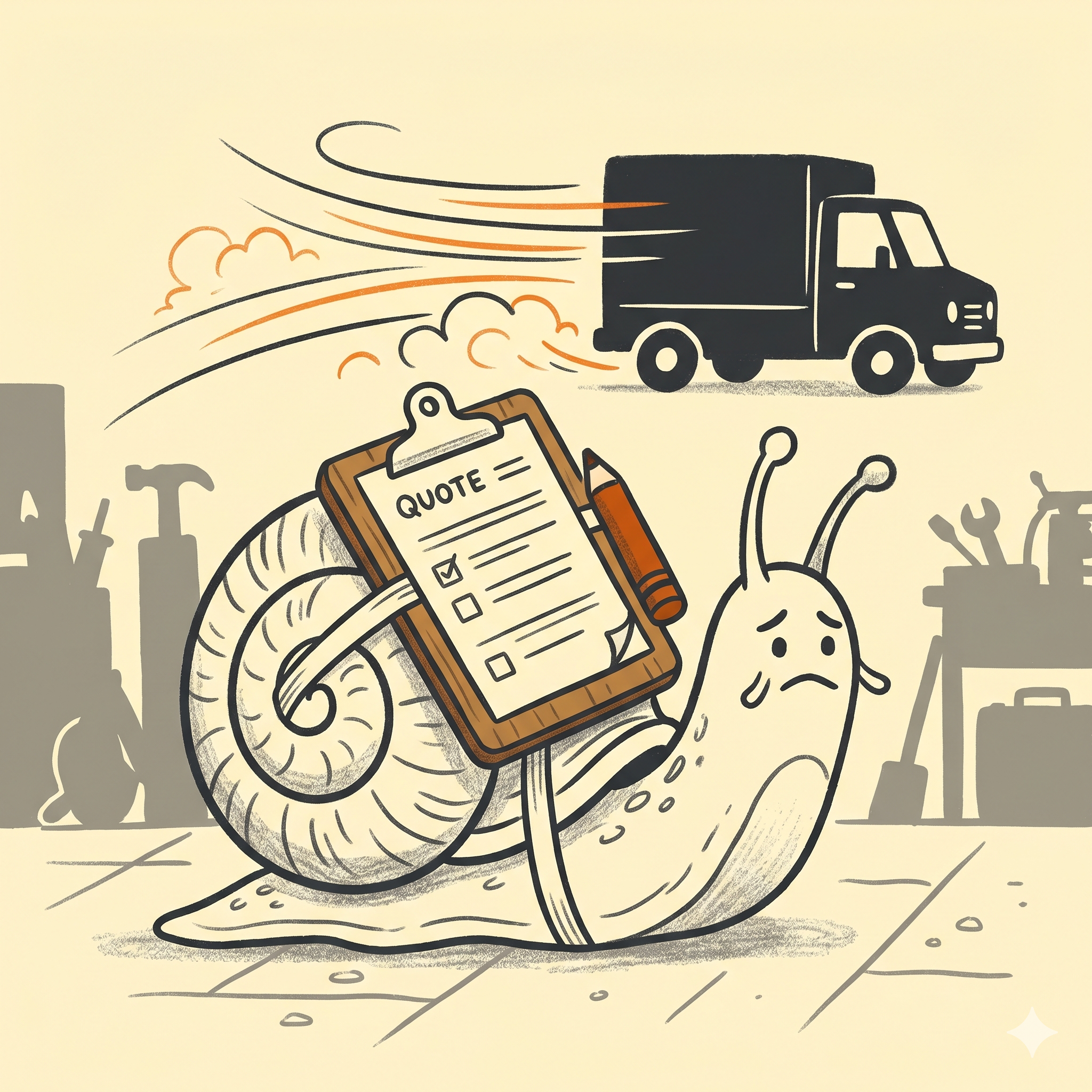 A slow snail carrying a quote while a competitor speeds past