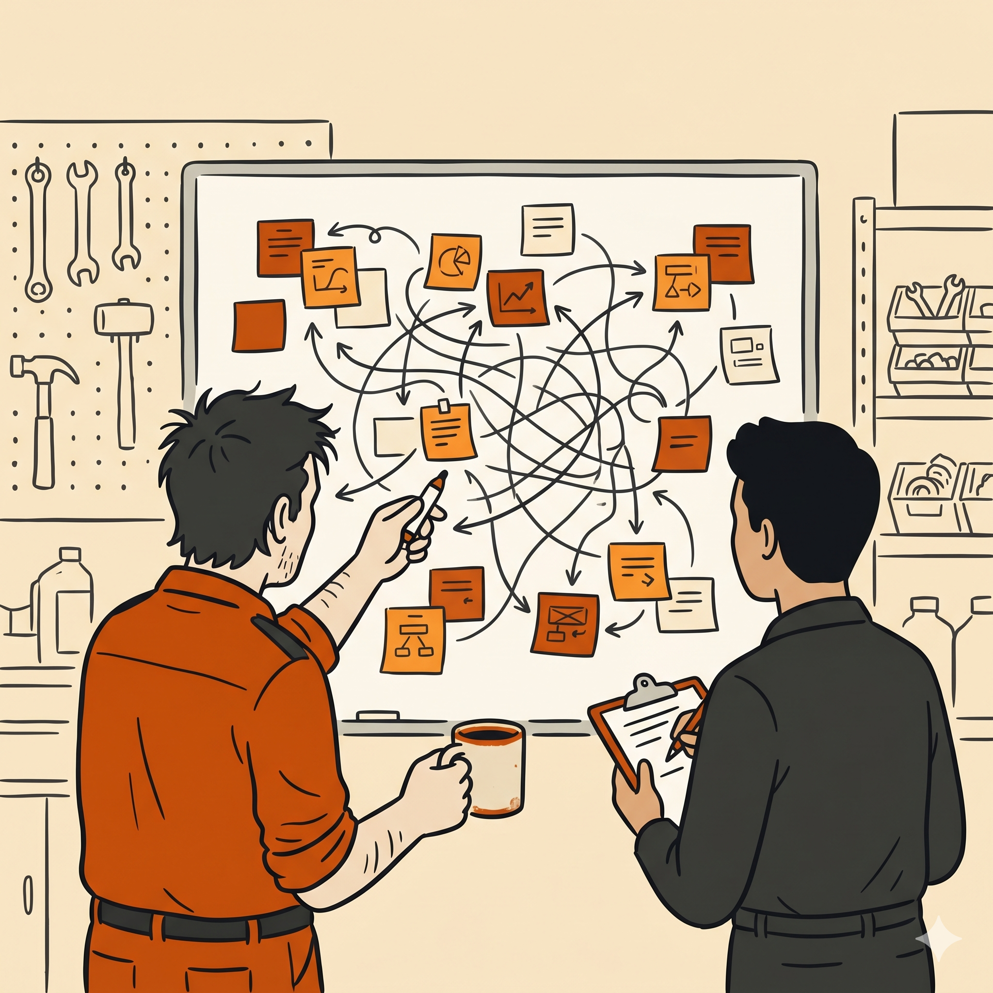 An exhausted owner training a new hire at a cluttered whiteboard