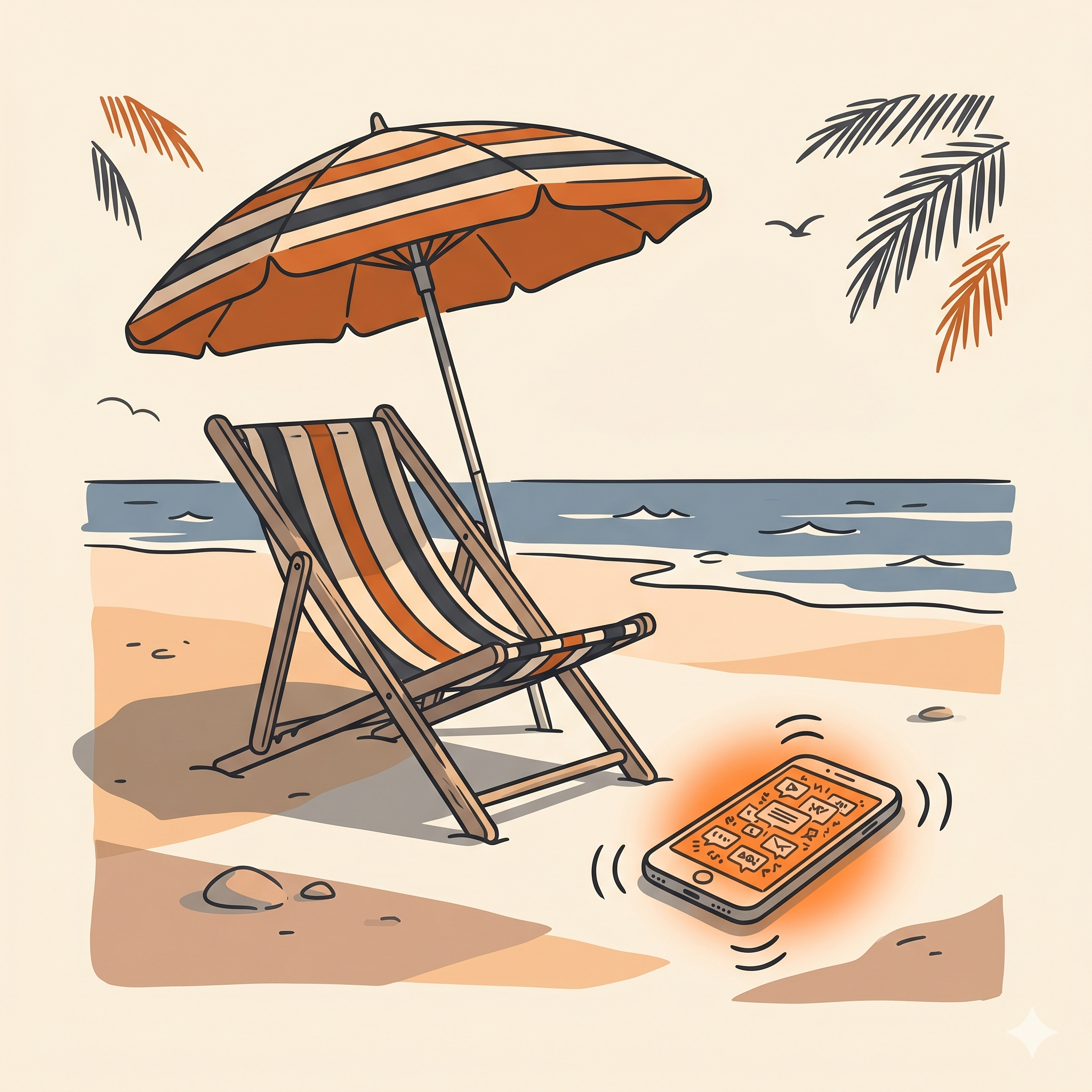 An empty beach chair with a buzzing phone on the sand