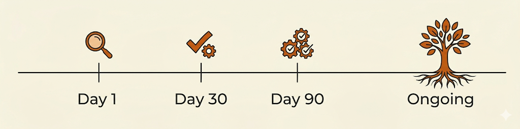 Engagement timeline from Day 1 through Day 30, Day 90, and ongoing